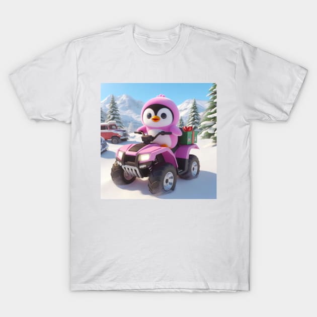 Penguin riding atv through snow T-Shirt by Cynrad